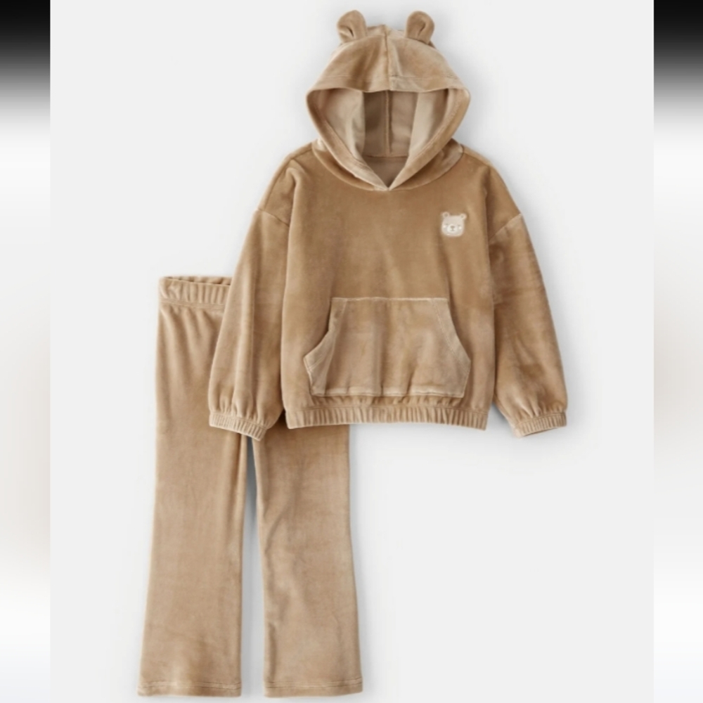Girls bear velour hoodie and pants set